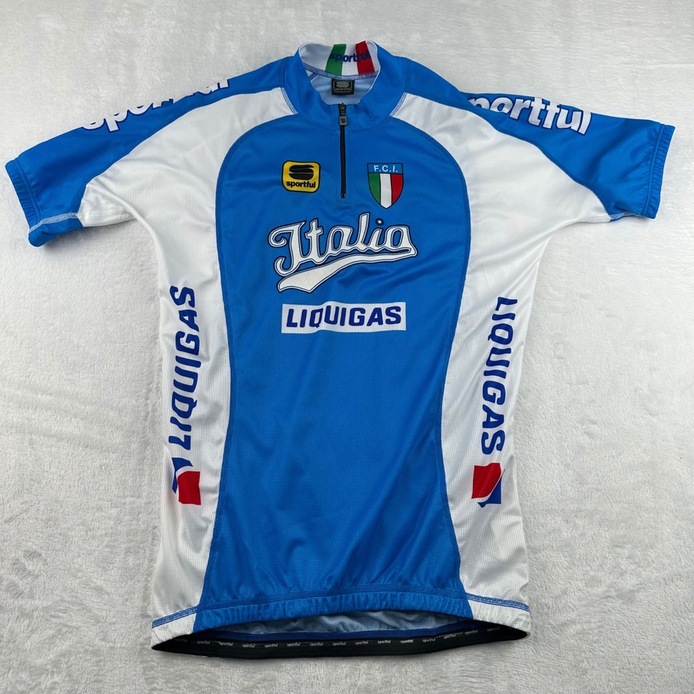 Sportful Italia Liquigas Cycling Jersey Mens XL Blue White Short Sleeve 1/4 Zip
